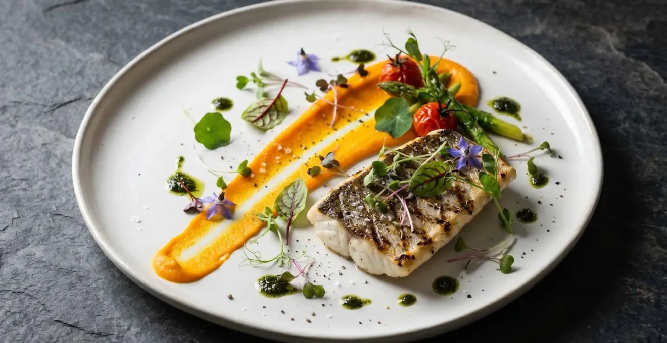 Piatto gourmet con disposizione asimmetrica degli elementi secondo la regola dei terzi