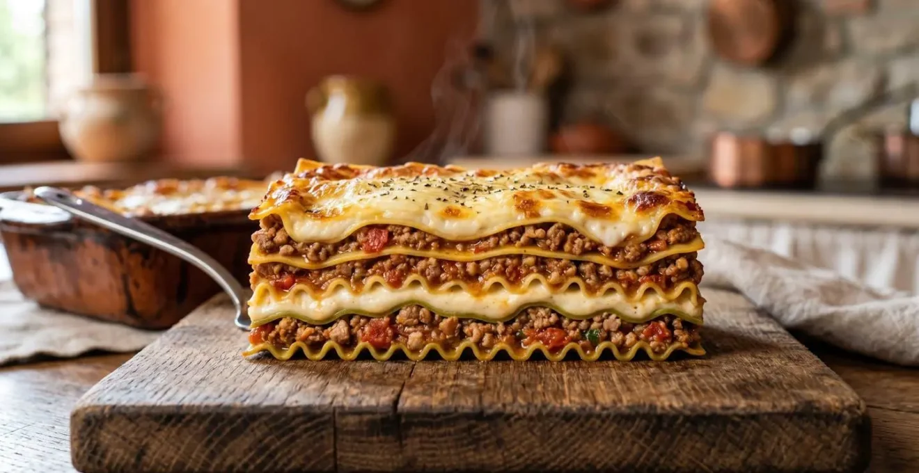 Sezione di lasagna dopo il riposo mostrando gli strati perfettamente assestati