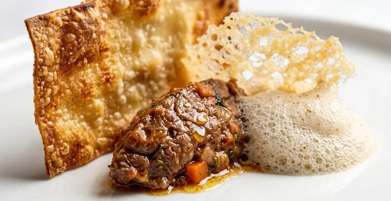 Lasagna scomposta con elementi separati disposti artisticamente nel piatto