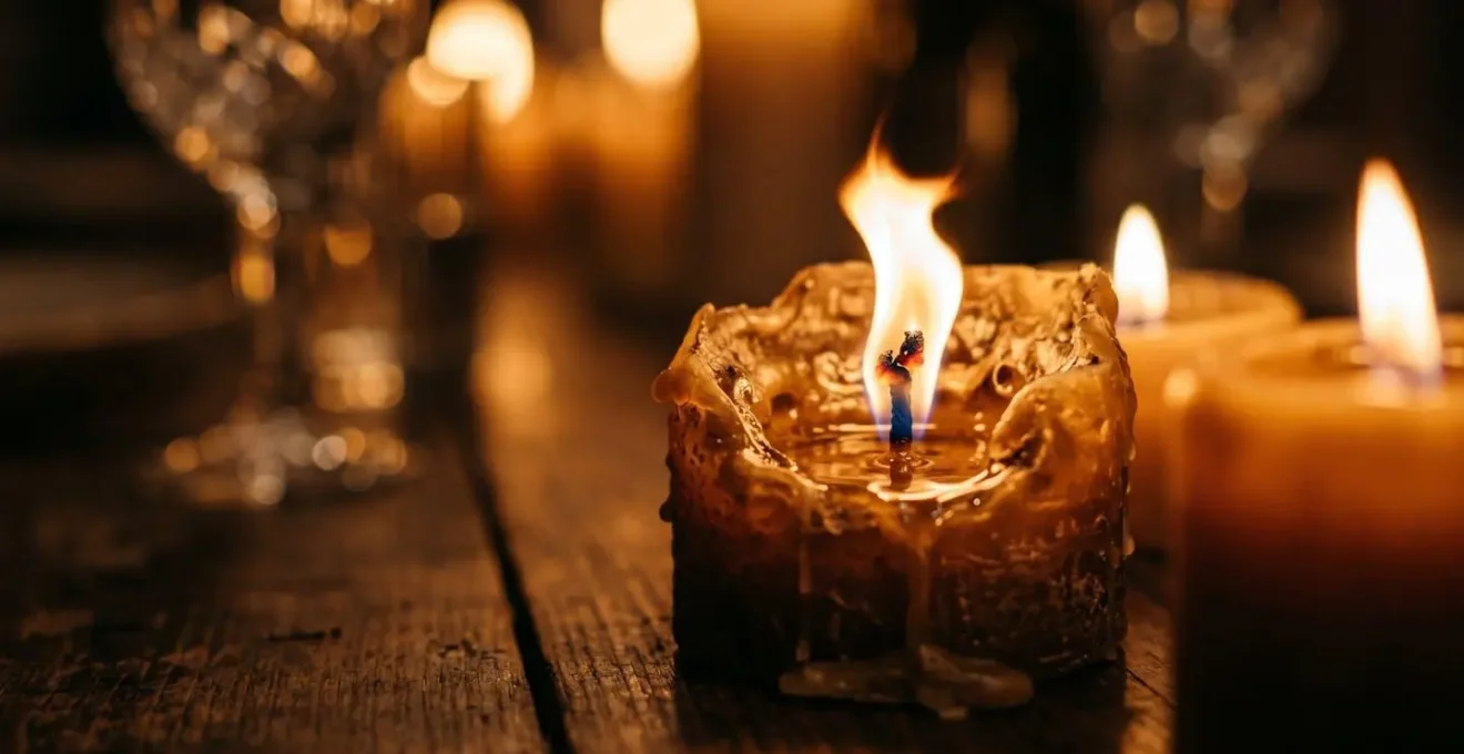 Dettaglio ravvicinato di candele accese su una tavola apparecchiata, con bicchieri di cristallo sfocati sullo sfondo che riflettono la luce calda.