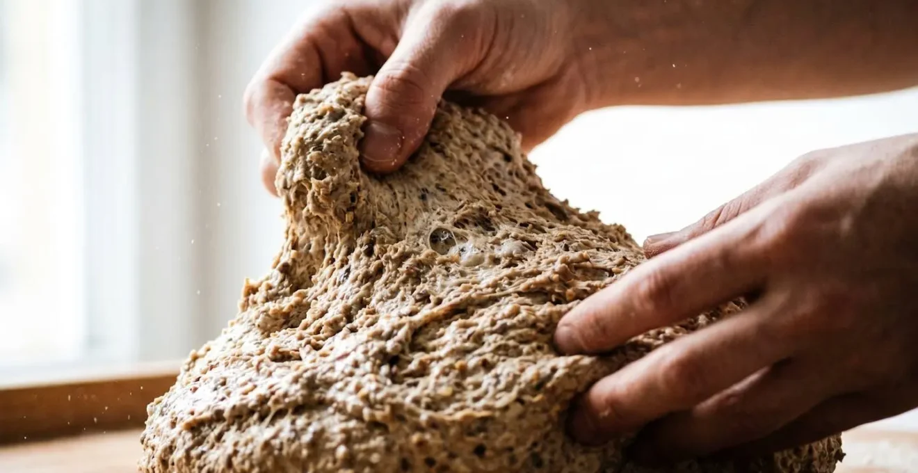 Mani che lavorano delicatamente un impasto di farina antica durante l'autolisi