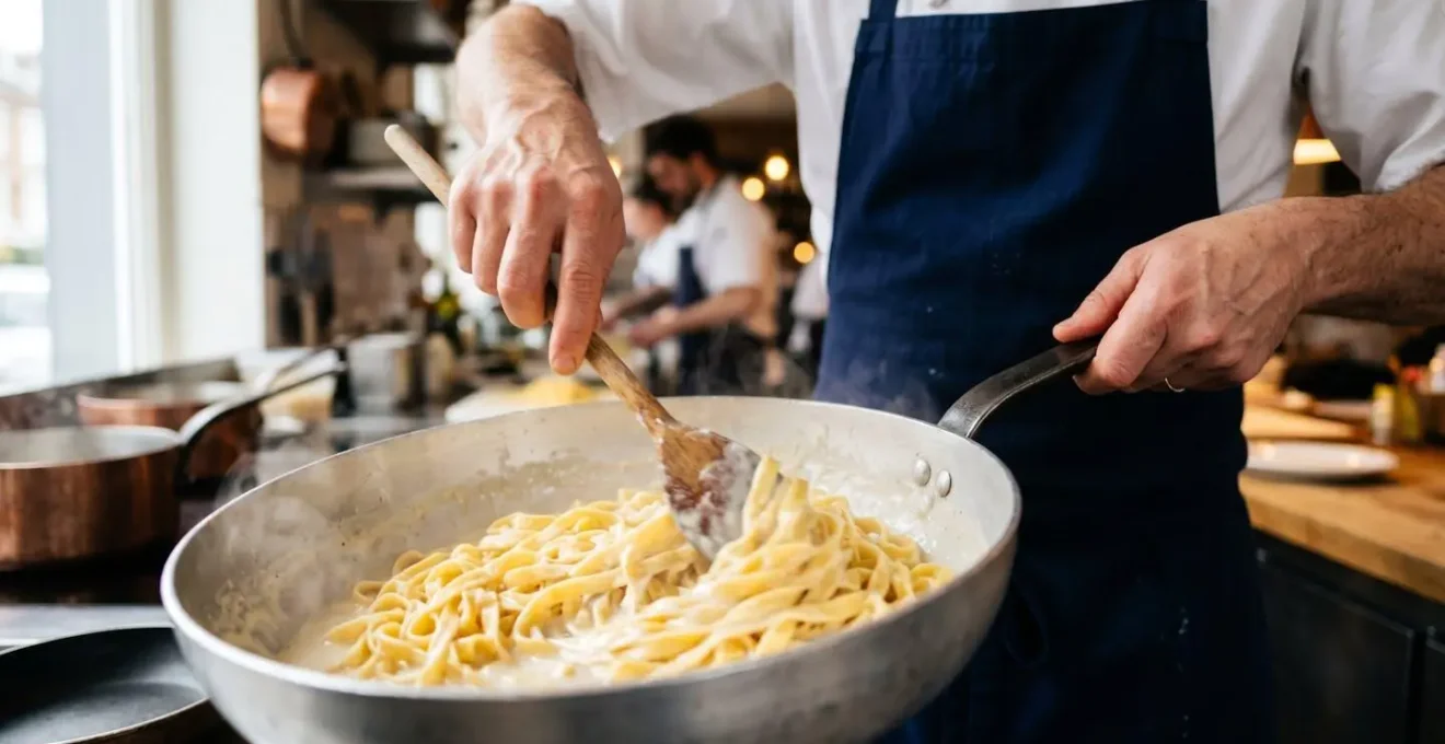 Mani dello chef che mantecano la pasta con l'acqua di cottura creando una cremina naturale senza panna