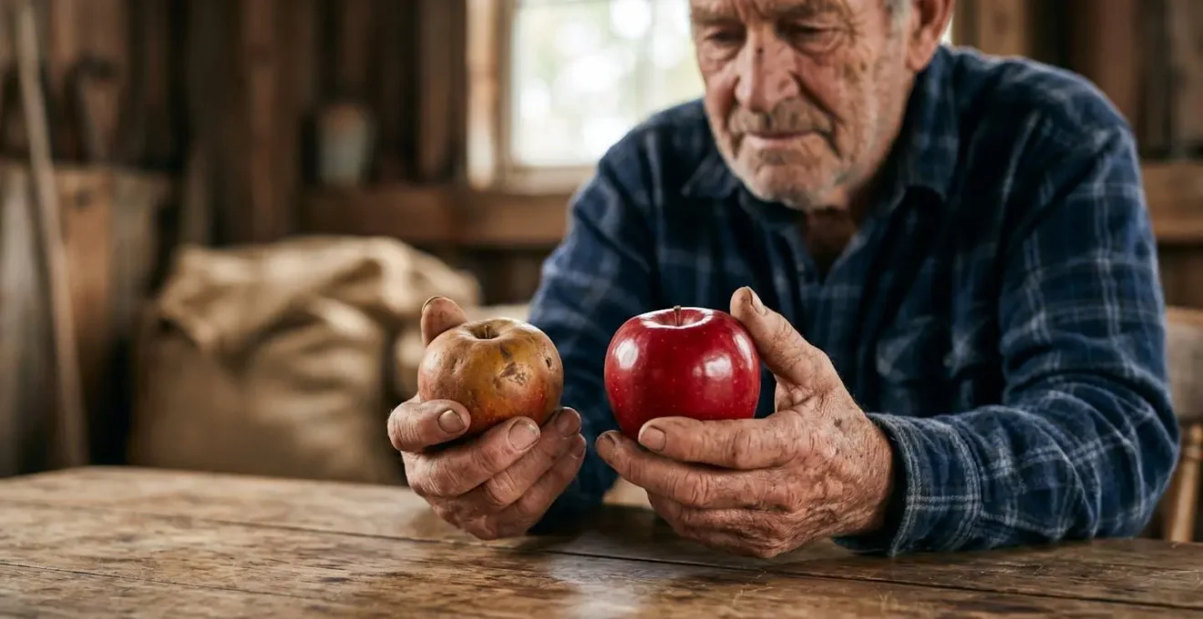 Confronto tra mele moderne perfette e mele antiche con aromi complessi