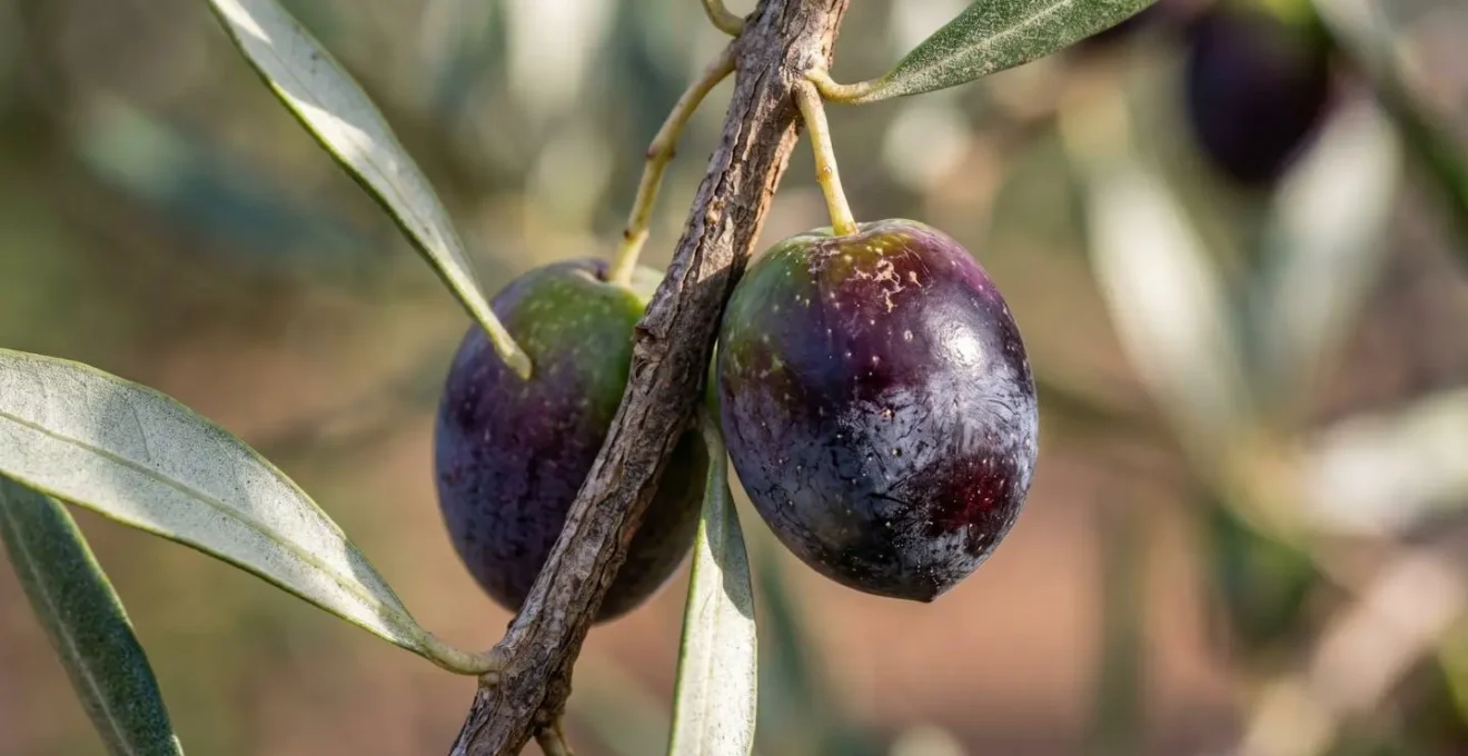Dettaglio ravvicinato di olive Coratina su ramo con foglie argentate
