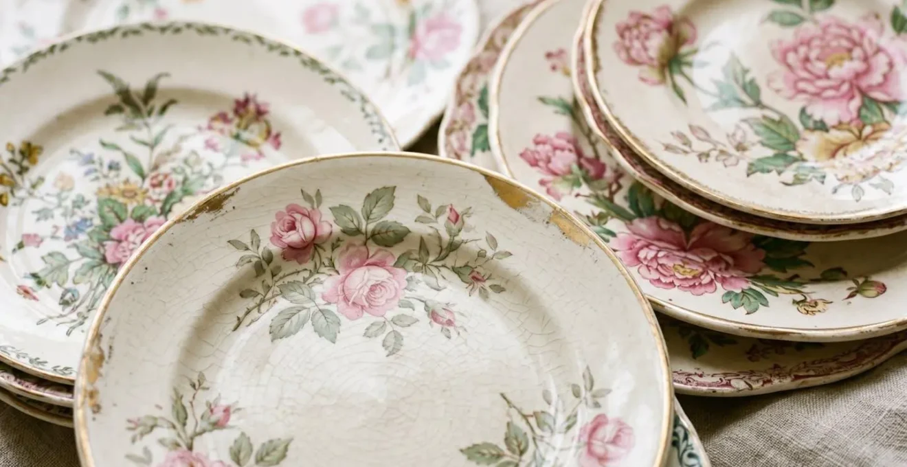 Composizione ravvicinata di piatti vintage spaiati con motivi floreali coordinati nei toni pastello