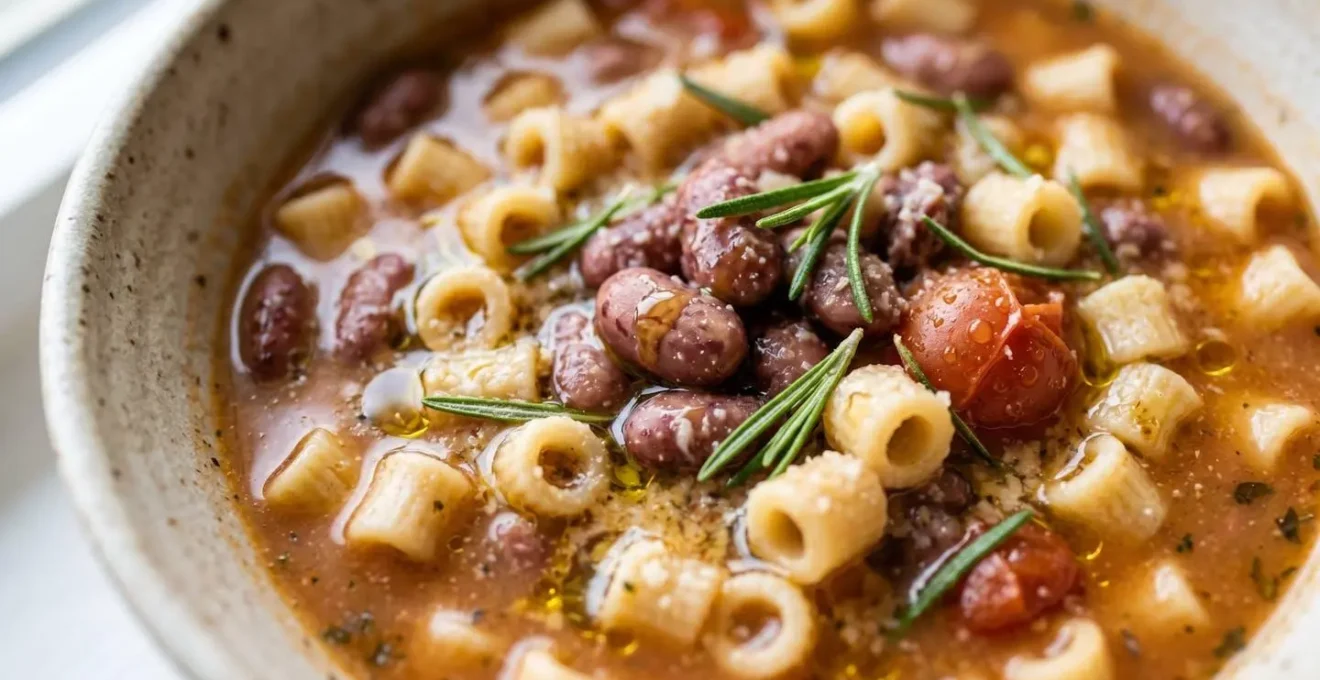 Ciotola di pasta e fagioli con verdure fresche vista dall'alto mostrando l'equilibrio perfetto di cereali e legumi