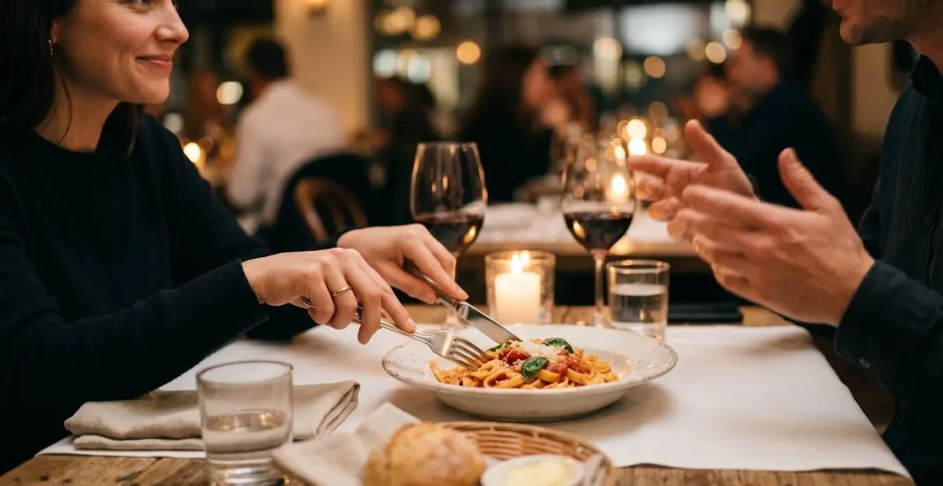 Mani che posano delicatamente forchetta e coltello su un piatto durante un pasto conviviale