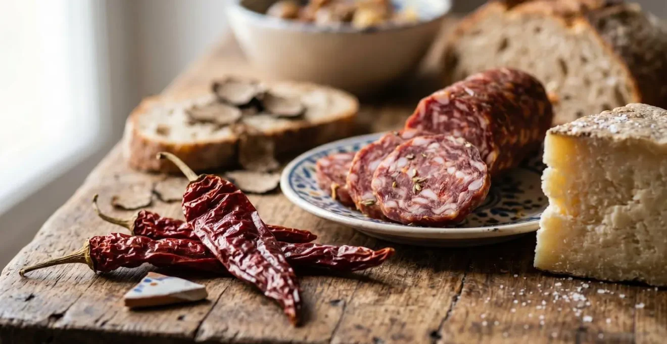 Tavola rustica con specialità del Molise e della Basilicata disposte su legno naturale