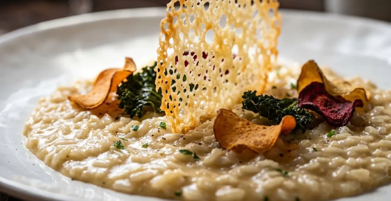 Risotto cremoso all'onda con cialda verticale di parmigiano e chips di verdure per creare altezza senza coppapasta