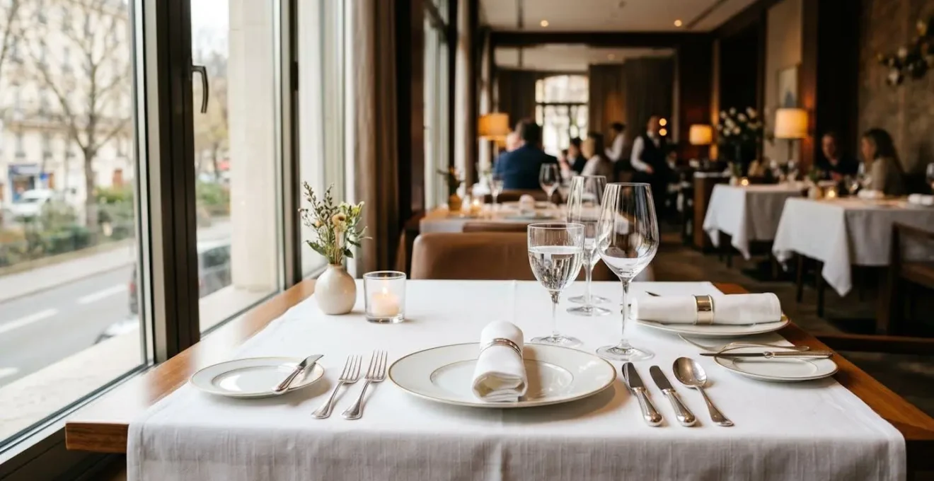 Tavolo elegante apparecchiato in ristorante stellato illuminato da luce naturale