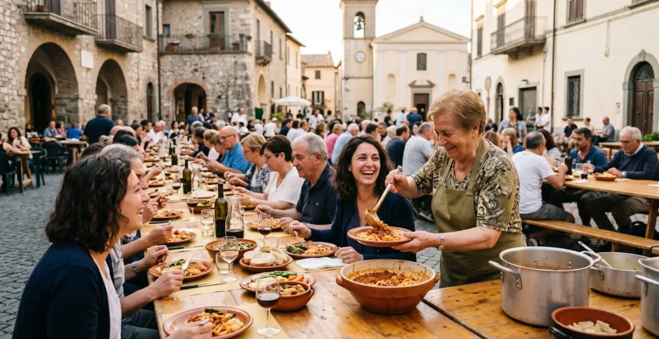 Grande tavolata comune durante una sagra di paese con volontari che servono