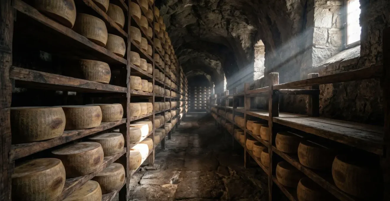 Forme di Parmigiano Reggiano in stagionatura nelle cantine tradizionali