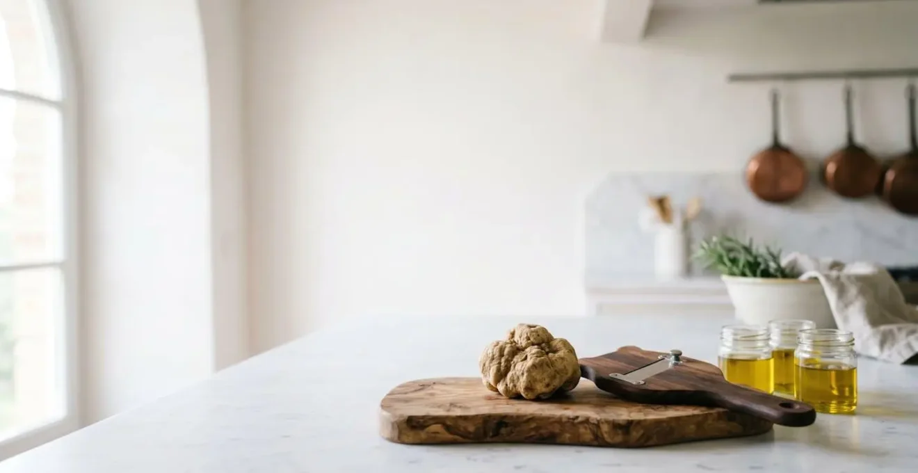 Tartufo bianco con strumenti tradizionali per affettatura e conservazione