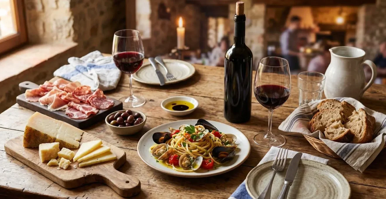Composizione elegante di vini, formaggi e prodotti tipici italiani su tavola rustica con sfondo sfocato di vigneti