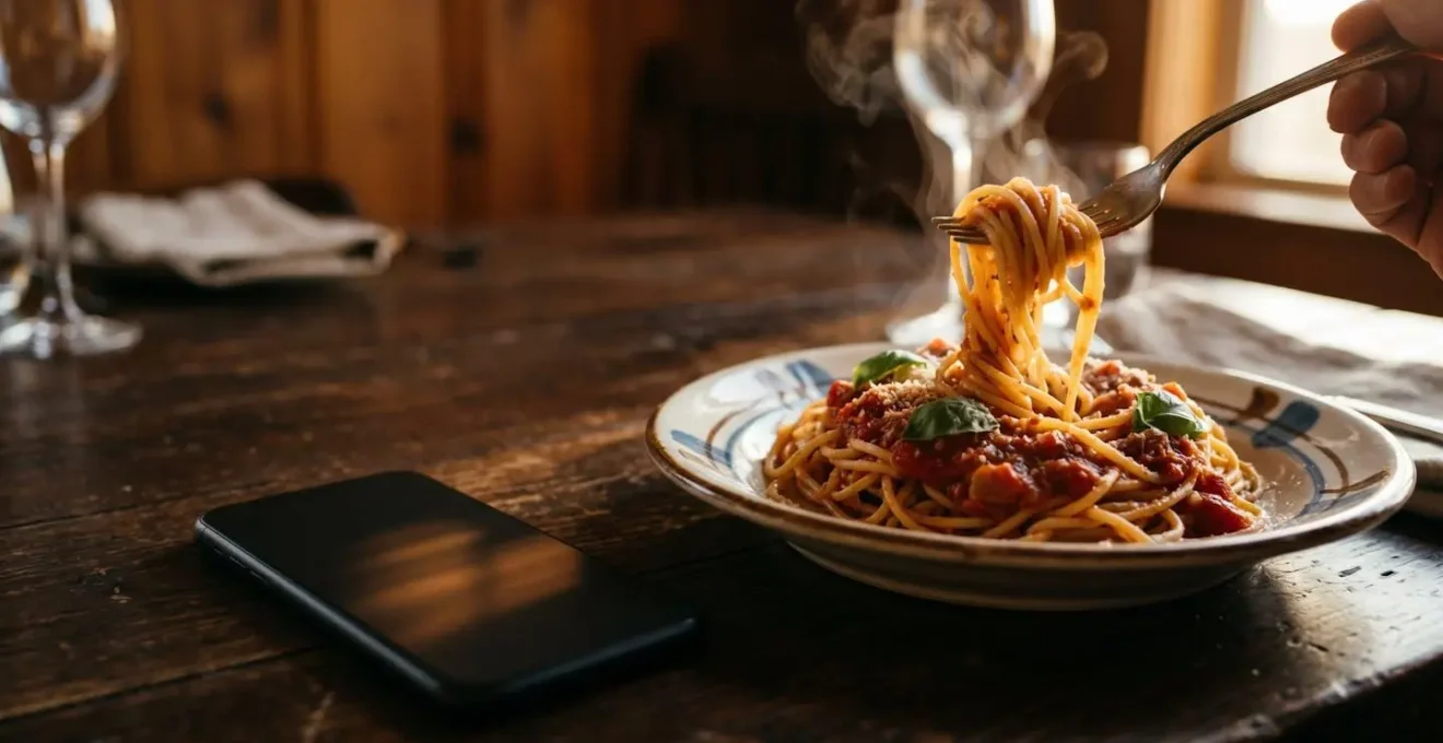 Smartphone capovolto accanto a un piatto di pasta, focus sul cibo non sul dispositivo