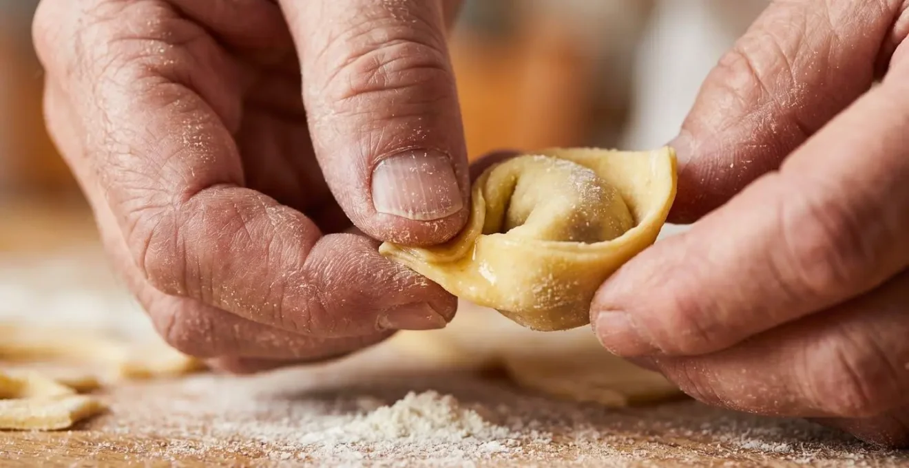 Dettaglio macro delle dita che sigillano un tortellino con la tecnica tradizionale