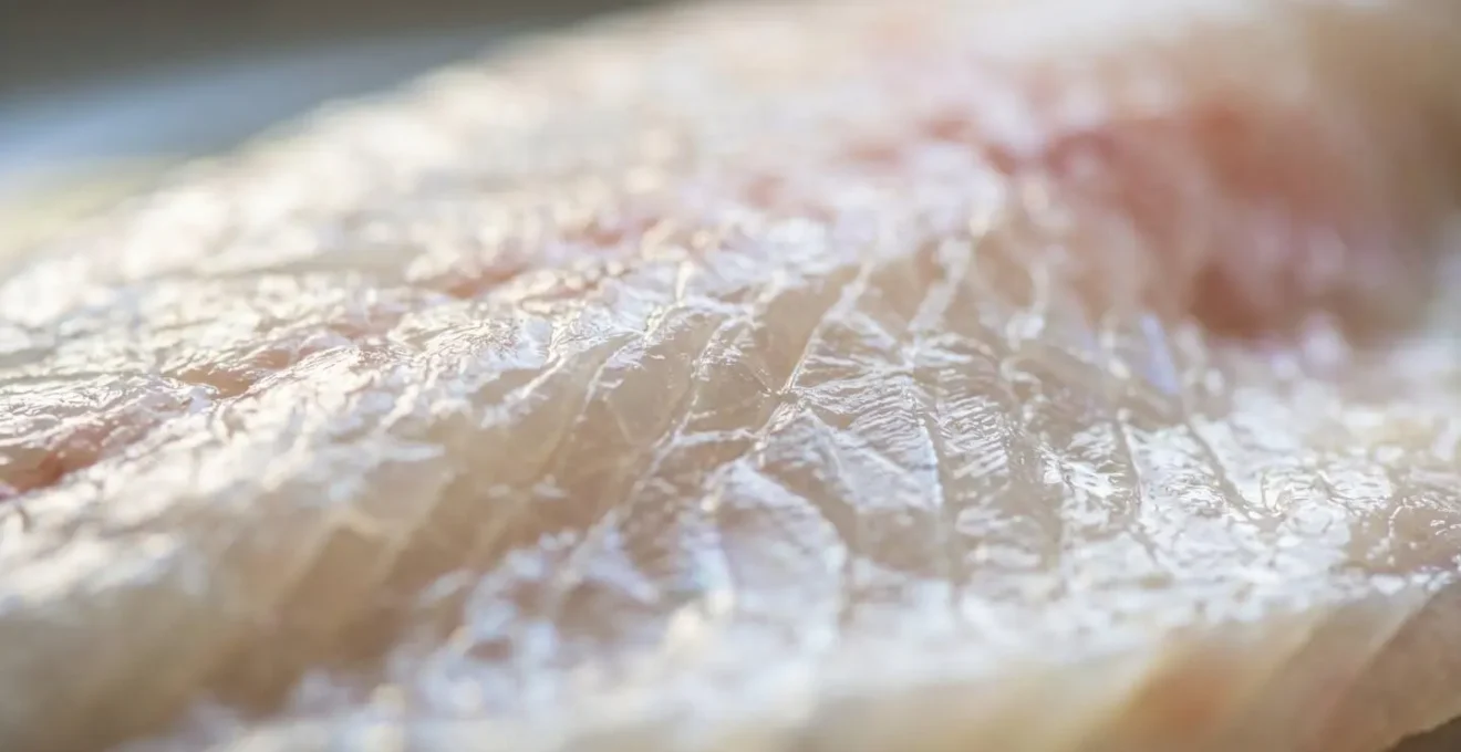 Dettaglio macro della texture del pesce fresco trattato con tecnica Ike Jime