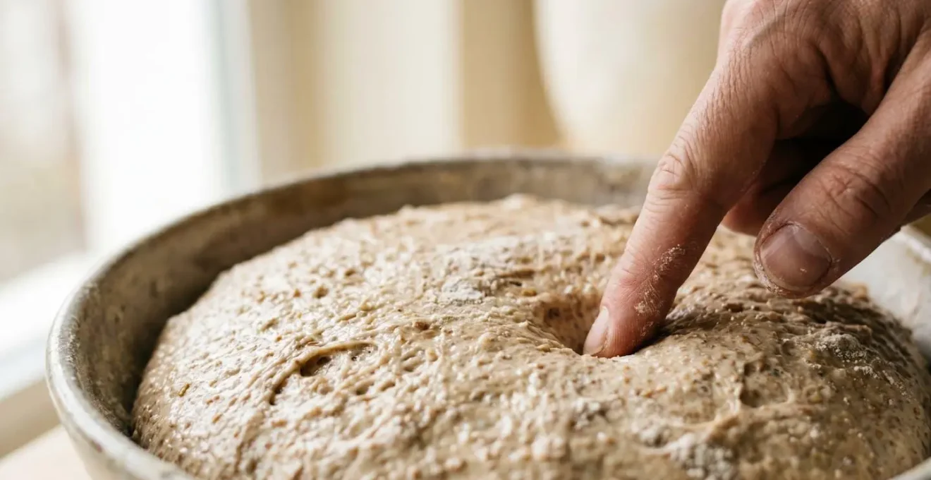 Test del dito su impasto lievitato di grani antichi che mostra il punto giusto di lievitazione