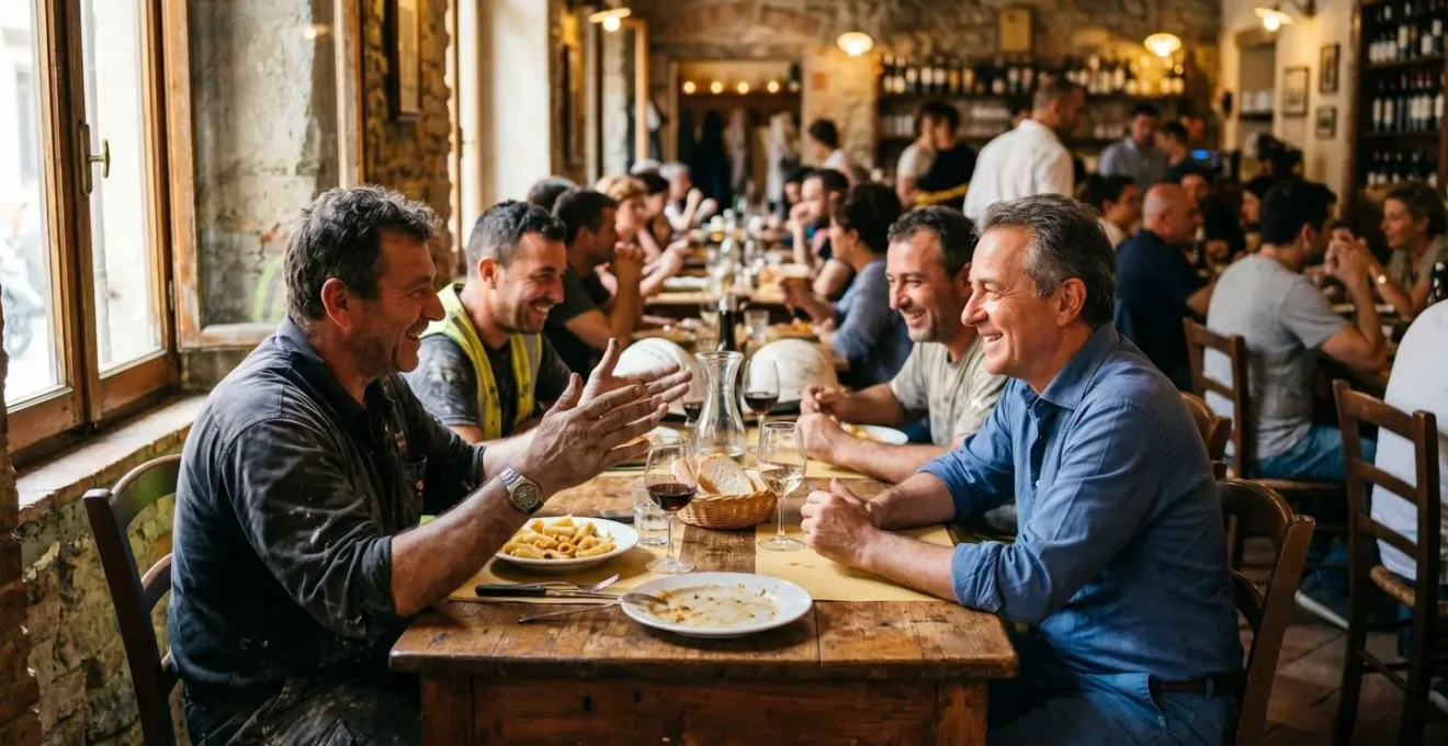 Interno di trattoria italiana affollata durante la pausa pranzo con lavoratori locali