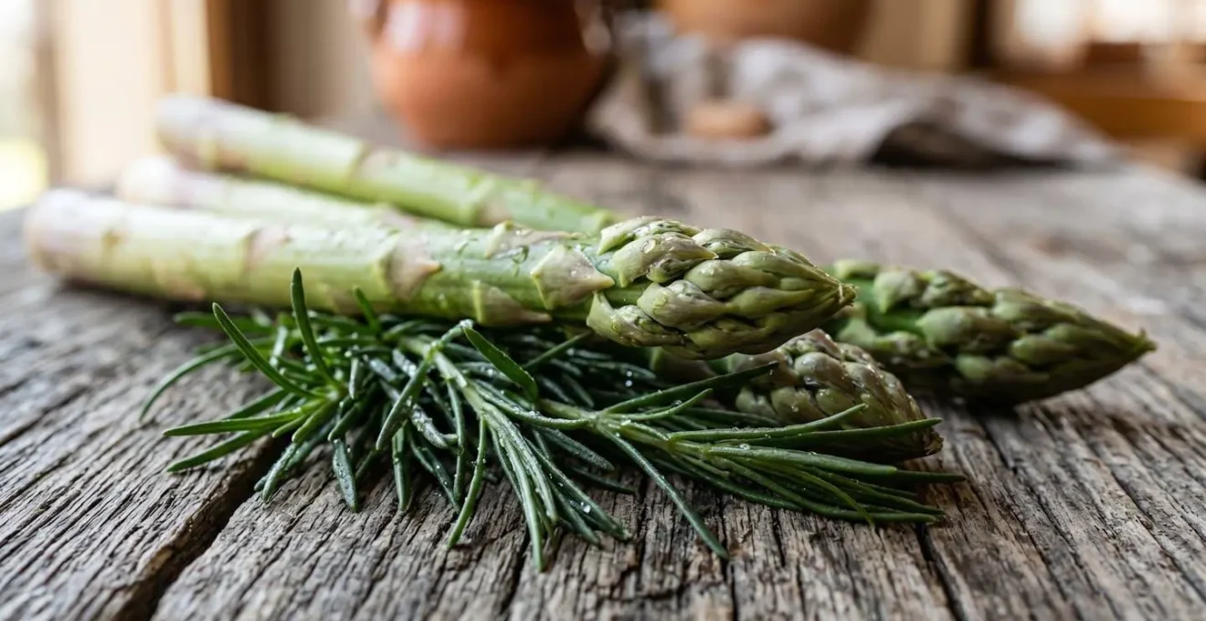 Mazzo di asparagi verdi e agretti freschi su tavolo di legno rustico