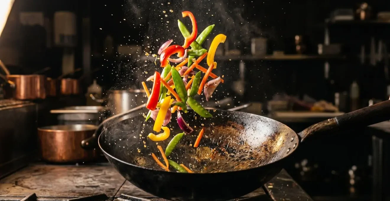 Verdure croccanti che saltano in una padella wok con gocce d'olio sospese nell'aria
