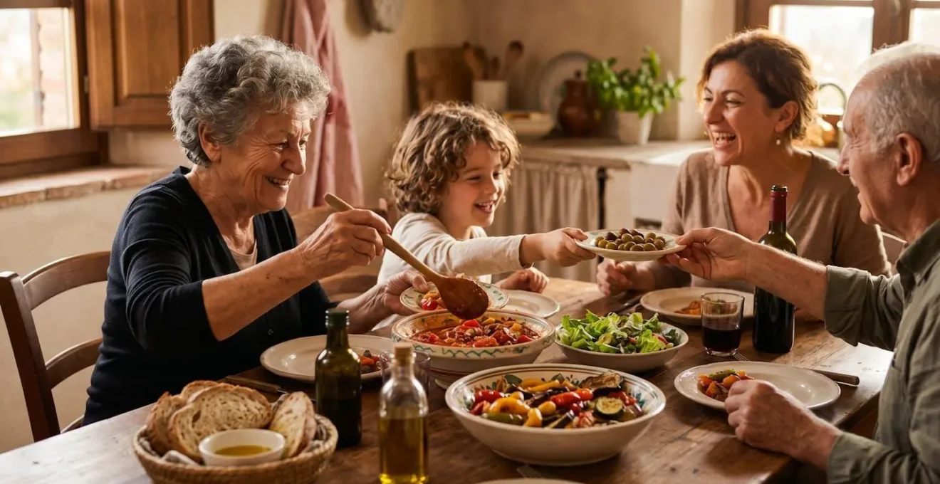 Famiglia multigenerazionale italiana che condivide un pasto mediterraneo intorno a un tavolo