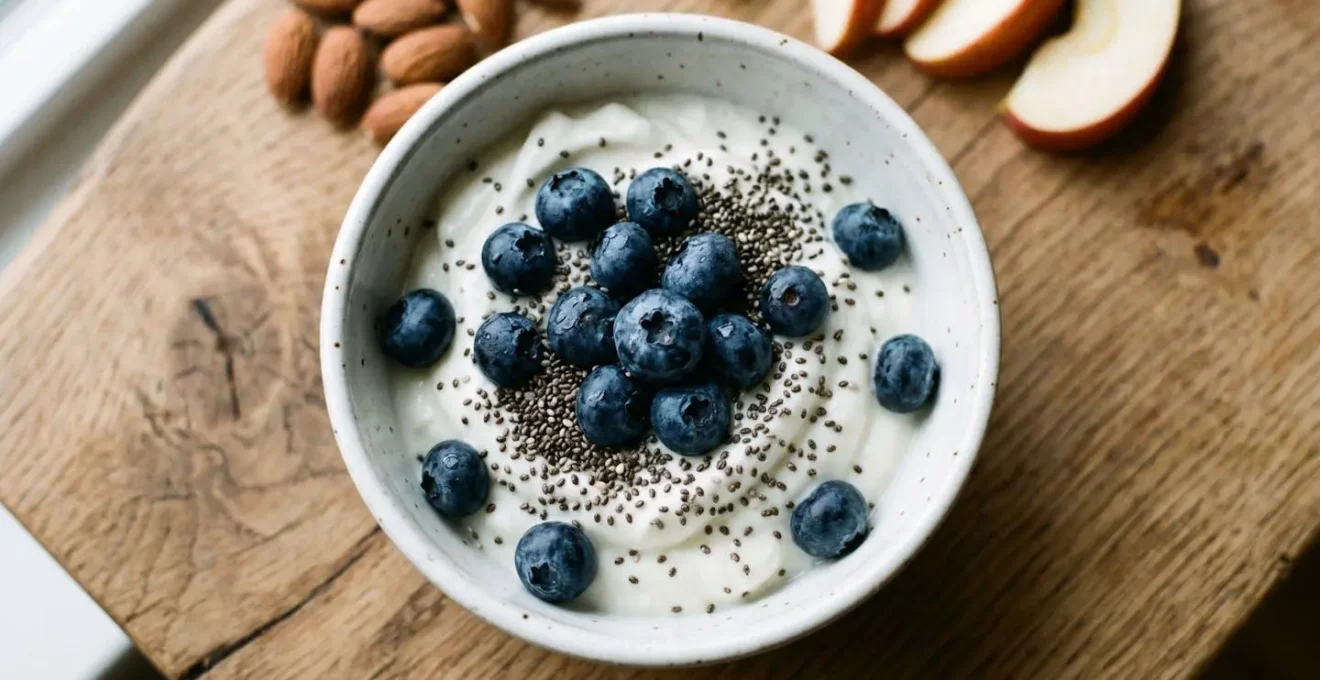 Composizione macro di snack con yogurt greco, semi di chia e mirtilli su tavolo di legno